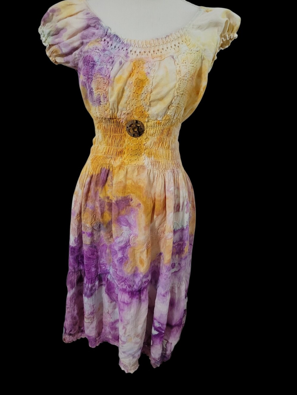 Puff Sleeve Cotton Midi Dress Colorful Smocked Waist Cottagecore Ren Faire Art